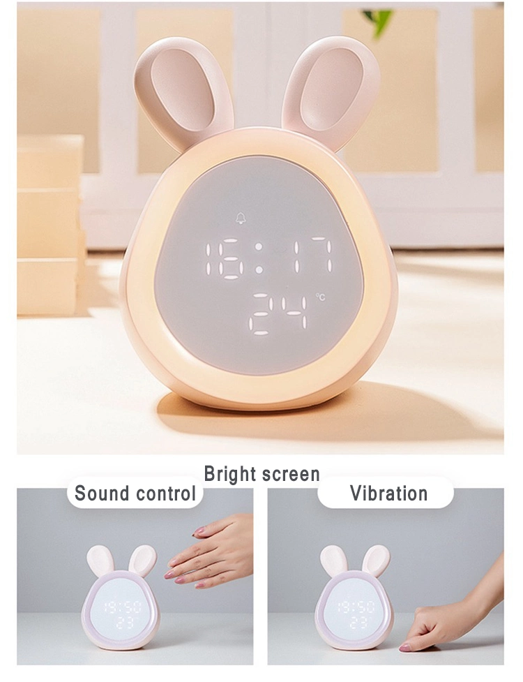 Rechargeable Table Baby Rabbit Lamp Silicone Temperature Alarm Clock Bedside Animal Night Light