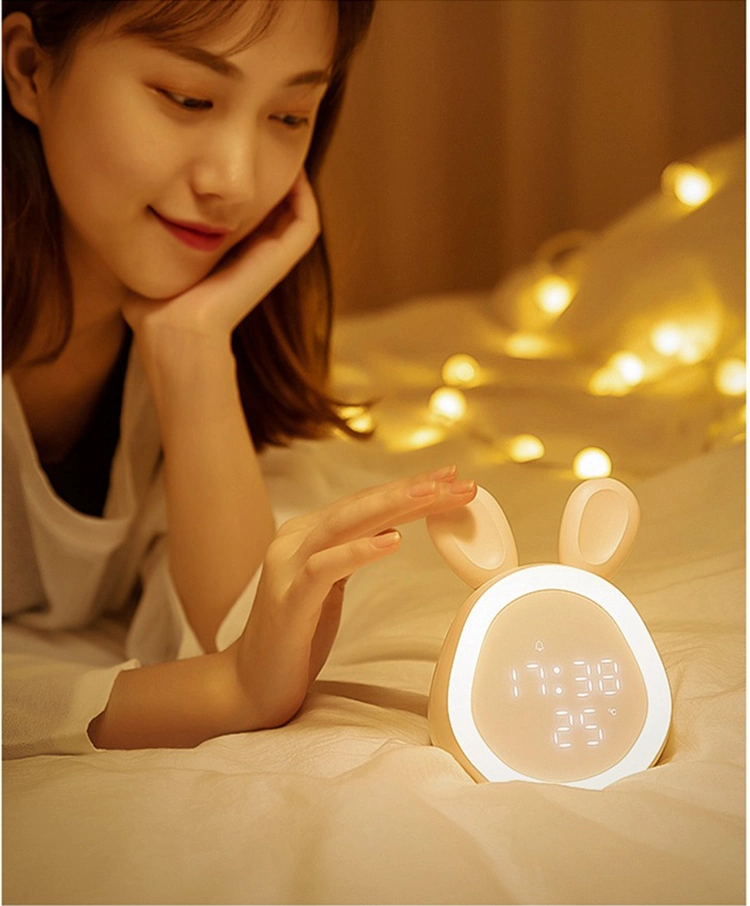 Rechargeable Table Baby Rabbit Lamp Silicone Temperature Alarm Clock Bedside Animal Night Light